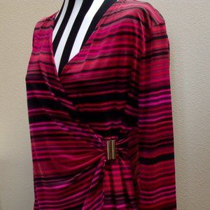 Calvin Klein Stretch Long Sleeved Striped Mock Wrap Jersey Top Pink Red Black